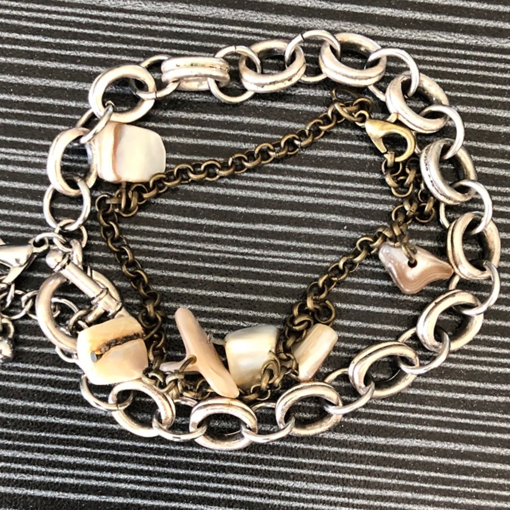 Silver-Tone Multi-Chain Charm Bracelet with Cream Beads